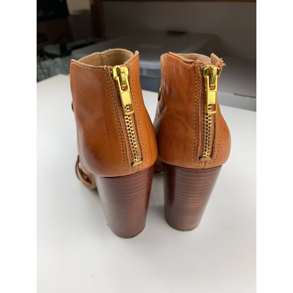 Kelsi Dagger Brooklyn KDB Peep Toe Ankle Boots Tan Leather Heels Women's 6.5 - Picture 9 of 13
